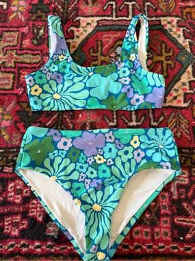 Girls' Aqua Floral High-Waist Bikini Set